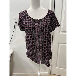 J Jill pink and black floral short sleeve blouse size Small